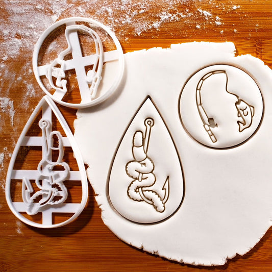 Set of 2 Worm Bait and Fishing Rod Cookie Cutters